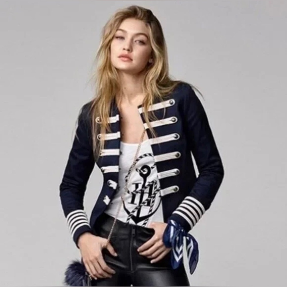 Gigi Hadid x Tommy Hilfiger Navy Embroidered Military Jacket Size 8